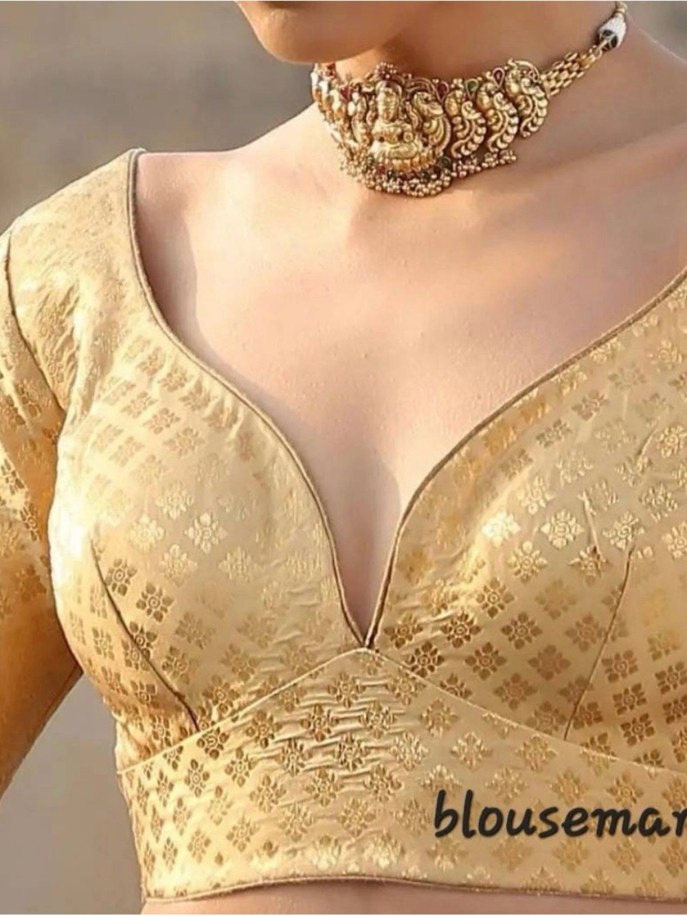 Elegant Gold Brocade V-Neck Women's Blouse